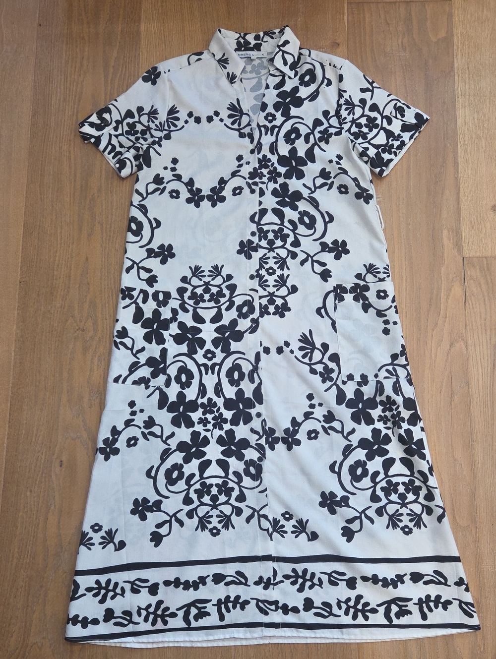 Black & White Floral Midi Dress with Short Sleeve Notch Collar